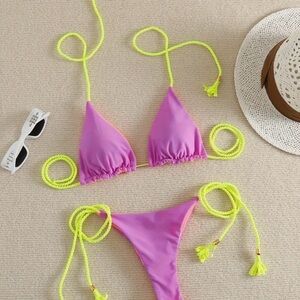 Vibrant Purple Bikini Set yellow robes orange inside